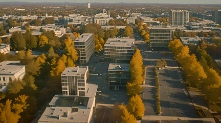 Canvas Print - Modern downtown architecture, crisp autumn morning aerial. Contemporary urban cityscape view, drone cam. Cinematic glass and concrete buildings reflecting the clear autumn sky.