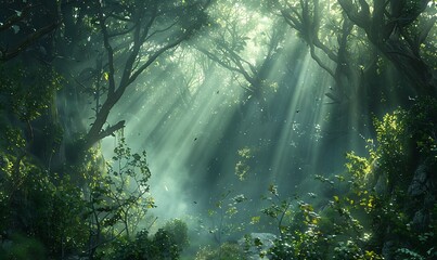 Wall Mural - A magical forest scene with ethereal sunlight filtering through lush green trees and mist