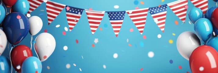 Poster - USA banner with blue, red, and white colors for a party An American flag is shown with bunting and balloons on the background Generative AI