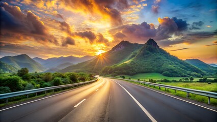 Asphalt highway road and green mountain with beautiful sky clouds natural landscape at sunset