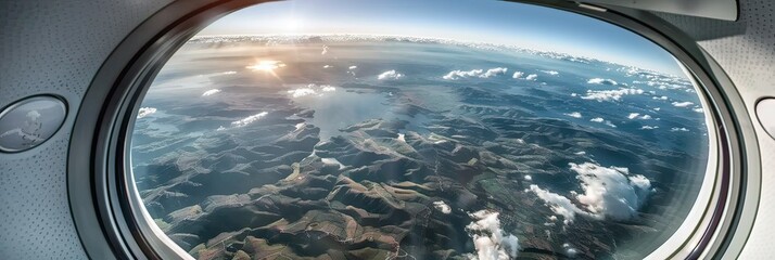 Airplane view of earth with water, clouds, sky, sunlight, landscape, horizon
