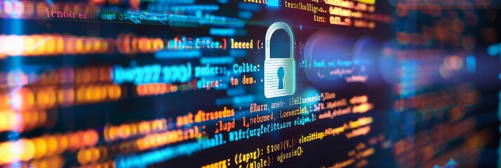 Wall Mural - Close-up photo of a computer screen displaying secure software development code. A prominent padlock symbol is displayed over the code, signifying data security and protection