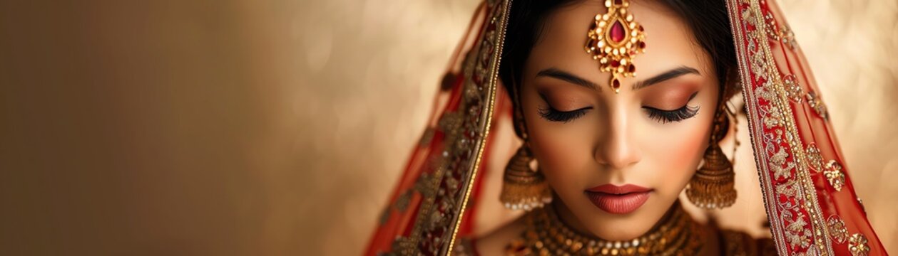 An Indian bride adorned in a traditional lehenga and exquisite jewelry, her elegance capturing the essence of cultural beauty