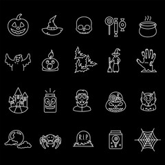 Wall Mural - Halloween, white line icons. Halloween symbols and decorations. holiday and celebration themes. Symbols on black background. Editable stroke.