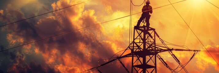 A lone electrician works high above the ground, repairing power lines on a transmission tower, as the sun sets in a dramatic display of color