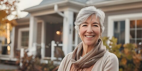 Wall Mural - Portrait of a Woman with Short Gray Hair and Beige Cardigan Smiling in Front of House. Concept Portrait Photography, Woman, Short Gray Hair, Beige Cardigan, Smiling, House