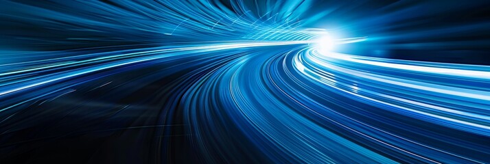Wall Mural - A high-angle photo capturing dynamic blue light ray streaks speeding across a dark background, creating a futuristic and abstract design