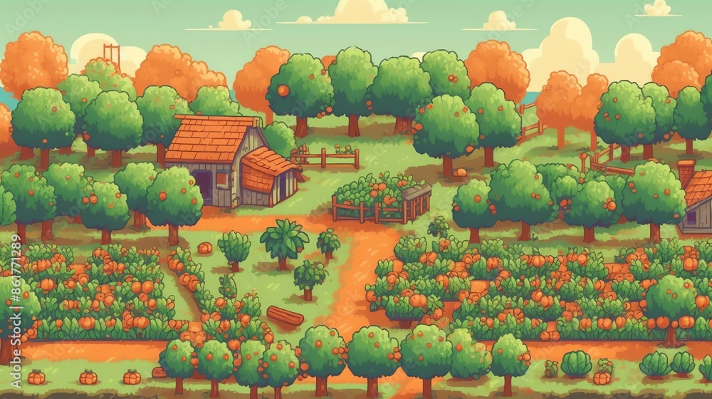 Pixel art farm scene with barn, crops, trees, and blue sky. Ideal for ...