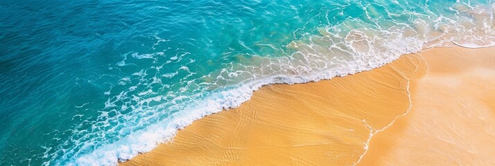 Wall Mural - A panoramic aerial photograph showcasing a breathtaking coastal beach with crystal-clear turquoise water gently lapping against soft, white and yellow sands