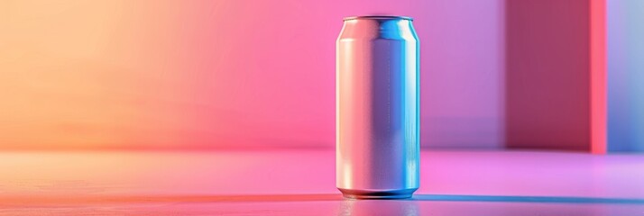 Wall Mural - A white soda can mockup stands elegantly against a vibrant abstract background with soft gradients of pink, orange, and blue