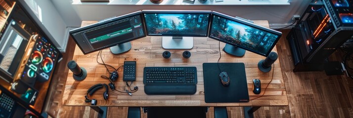 An overhead shot of a modern workspace featuring dual monitors, a keyboard, mouse, and other equipment for video editing