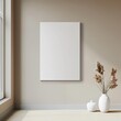 ©  Green Creator - one vertical white blank canvas mockup on the wall, minimalistic, dark brown color beige palette,