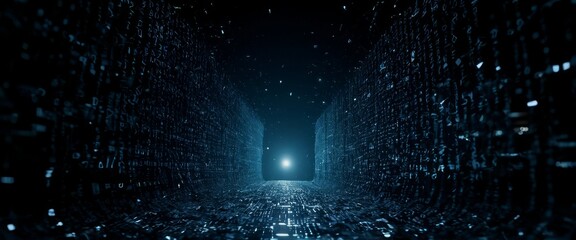 A shattered digital world with shards of binary
