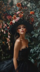 Canvas Print - A woman in a black dress and a hat with flowers on her head