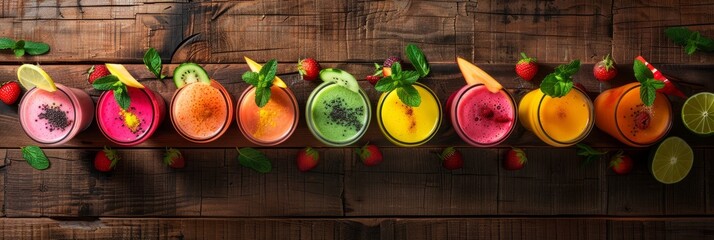 Wall Mural - A top-down view of a row of colorful fruit smoothies on a rustic wooden table