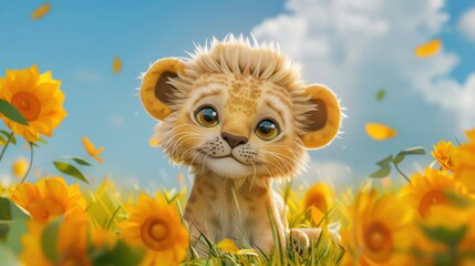 Poster - A lion cub standing in a field of sunflowers