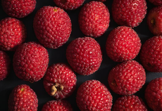 A close-up shot of multiple red raspberries, arranged tightly together on a dark background. The fruit appears fresh, ripe, and juicy