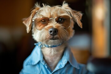 Adorable dog dressed in a blue shirt and stylish sunglasses, posing with a serious expression.