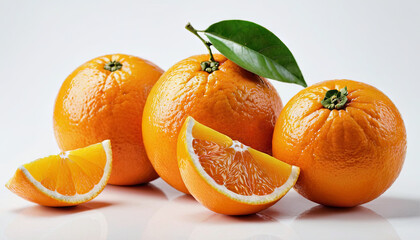 Wall Mural - Three whole oranges and a slice of orange on a white background. One orange has a green leaf attached