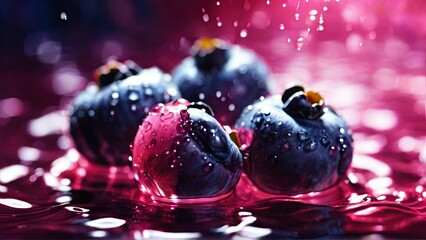 Wall Mural - A close-up photo of four blueberries in a pink liquid. The blueberries are covered in water droplets