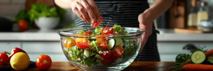 Wall Mural - A persons hands toss a colorful salad with tomatoes, cucumbers, and lettuce in a glass bowl while standing in a kitchen