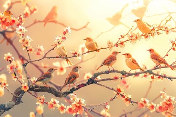 Wall Mural - flock of birds are singing happily on the branches of a tree with spring flower blossoms and sun lig