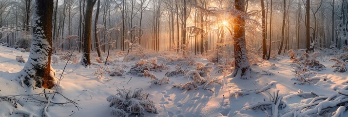 Wall Mural - A wide-angle photograph capturing a snowy forest bathed in the warm glow of sunrise