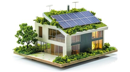 Wall Mural - A green building small figure model with solar panels, green roofs, and rainwater harvesting systems isolated on a white background