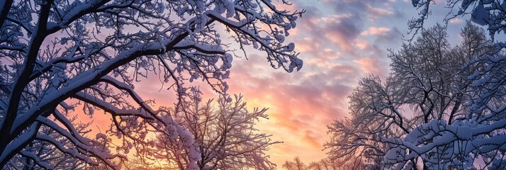 Wall Mural - A silhouette photograph showcasing snow-covered trees framed against a vibrant sunset sky. The warm hues of the sunset create a captivating contrast to the snowy branches