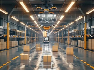 Wall Mural - A futuristic warehouse with autonomous drones transporting packages along designated flight paths