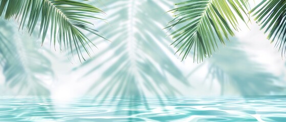 Wall Mural - Elegant minimalist background concept featuring close-up water surface with gentle ripples and subtle blurred palm leaf shadows on the beach, evoking a peaceful, natural and pure atmosphere.