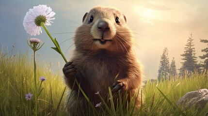 A groundhog holding a dandelion in the grassland