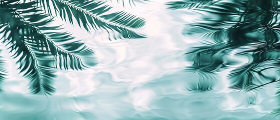 Wall Mural - Elegant minimalist background concept featuring close-up water surface with gentle ripples and subtle blurred palm leaf shadows on the beach, evoking a peaceful, natural and pure atmosphere.