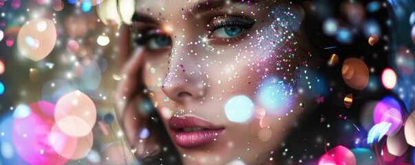 Close-up of a brunette woman with glitter makeup and sparkling sequins, creating a magical effect. Free copy space for text.