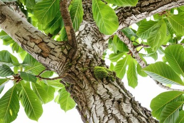 A walnut tree with broad leaves and rich, textured bark isolated on a white background