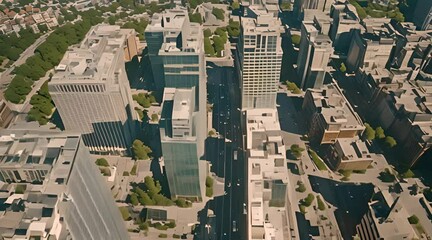 Poster - Modern downtown architecture, high noon aerial. Contemporary urban cityscape view, drone cam. Cinematic high-rises glistening under the intense midday sun