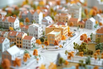An urban planning small figure model highlighting mixeduse development and pedestrianfriendly layouts isolated on a white background