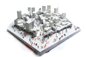 An urban planning small figure model highlighting mixeduse development and pedestrianfriendly layouts isolated on a white background