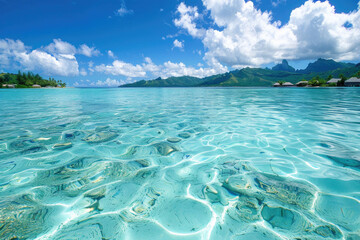 Wall Mural - Crystal-clear turquoise lagoon surrounded by lush tropical islands in Bora Bora
