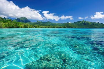 Wall Mural - Crystal-clear turquoise lagoon surrounded by lush tropical islands in Bora Bora