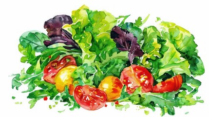 Watercolor clipart of a fresh salad with bright greens and colorful vegetables isolated on a white background