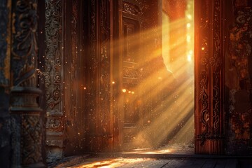 Wall Mural - radiant light streaming through an ornate doorway symbolizing hope and new beginnings soft particles dancing in the air