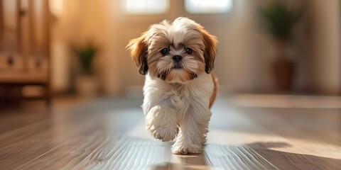 Wall Mural - Adorable shih tzu puppy strolling down a hallway - a fluffy domestic pet. Concept Pets, Fluffy, Domestic, Shih Tzu, Indoor