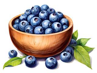 Wall Mural - Illustration of fresh blueberries in a wooden bowl, white background  