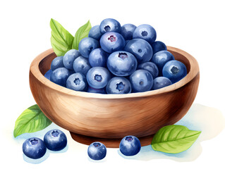 Wall Mural - Illustration of fresh blueberries in a wooden bowl, white background  