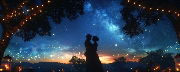 Wall Mural - A couple dancing under the stars at an outdoor concert, lost in the music and each other's embrace.