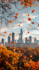 Wall Mural - Autumn leaf fall on the background of the urban landscape