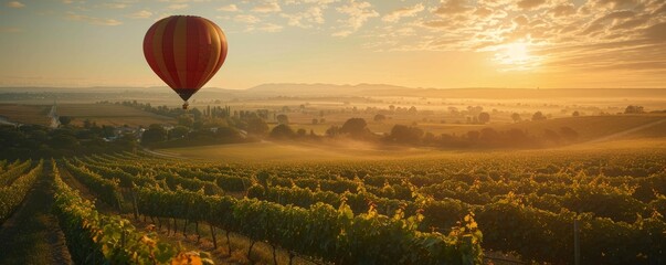 Wall Mural - A hot air balloon floating over a vineyard, the sun rising in the distance.