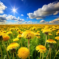 Wall Mural - Field with yellow dandelions and blue sky