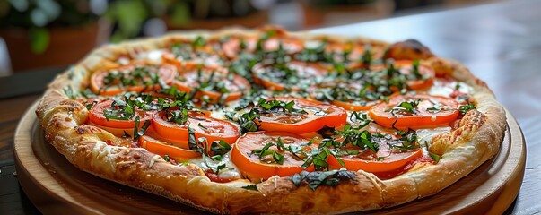 Wall Mural - A rustic pizza topped with an abundance of fresh vegetables, its crispy crust and gooey cheese inviting a taste.